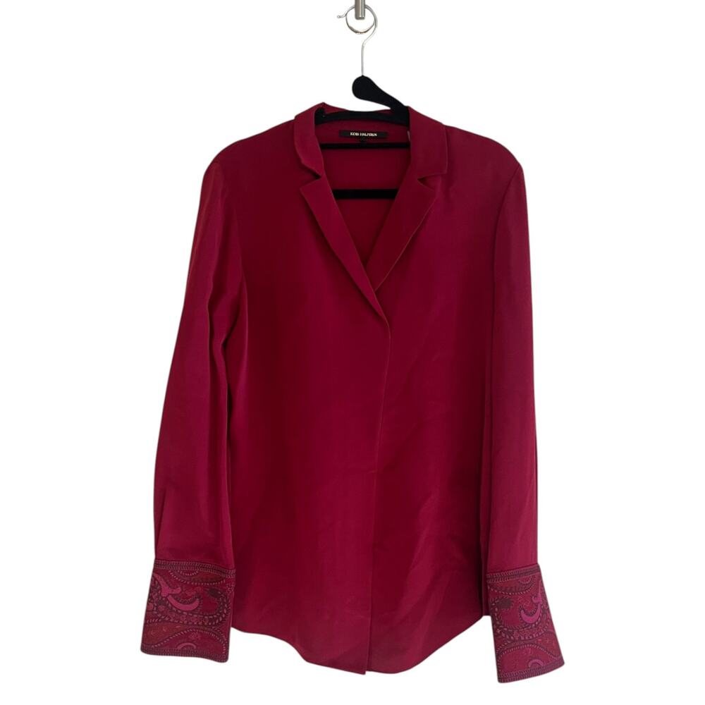 Kobi Halperin Embroidered Cuff 100% Silk Long Sleeve Blouse Burgundy Size Small - Picture 2 of 6